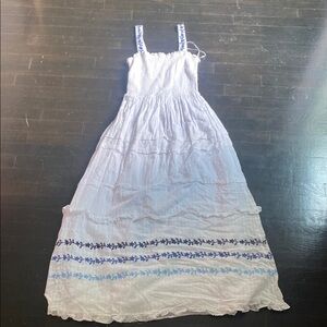 White and Blue Embroidered Maxi Dress